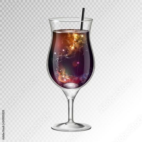 Vector illustration of realistic cocktail pina colada glass with space background inside