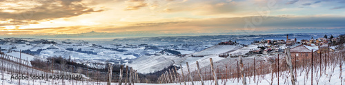 wide angle panorama of Langhe hills near Treiso in winter.