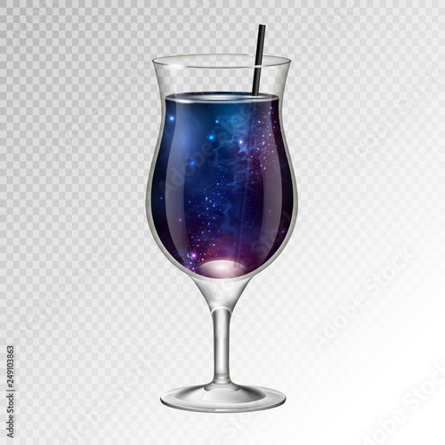 Vector illustration of realistic cocktail pina colada glass with space background inside