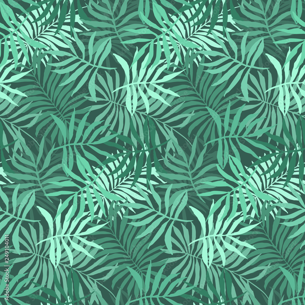 Elegant green seamless pattern with overlap mess of fern tropical leaves. Trendy exotic plants texture for textile, wrapping paper, surface, wallpaper, background
