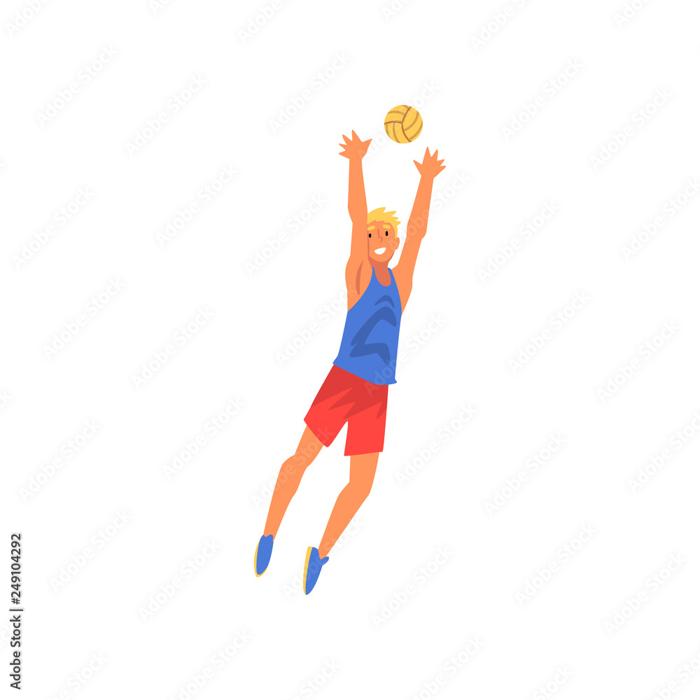 Young Man Playing with Ball, Volleyball Player Professional Sportsman Character Vector Illustration Young Man Playing with Ball, Volleyball Player Professional Sportsman Character Vector Illustration