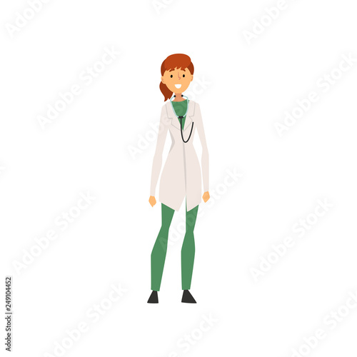 Young Woman Weaing White Coat Standiing with Stethoscope, Female Doctor Character Vector Illustration
