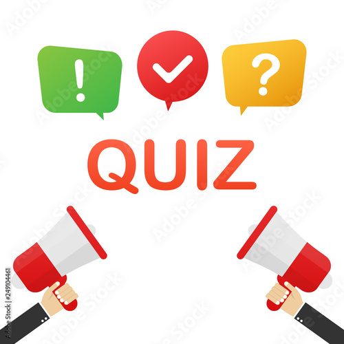 Quiz logo with speech bubble symbols, concept of questionnaire show sing, quiz button. Vector illustration.