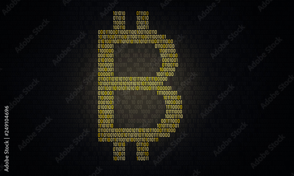 Bitcoin symbol. 3D Illustration of gold Bitcoin logo on the dark digital background with a stream of binary matrix code on the screen numbers of the computer matrix. The concept of coding. Bitcoin symbol. 3D Illustration of gold Bitcoin logo on the dark digital background with a stream of binary matrix code on the screen numbers of the computer matrix. The concept of coding.