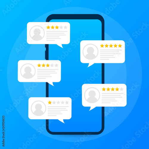 Review rating bubble speeches on mobile phone  illustration, flat style smartphone reviews stars with good and bad rate and text. Vector Vector illustration.