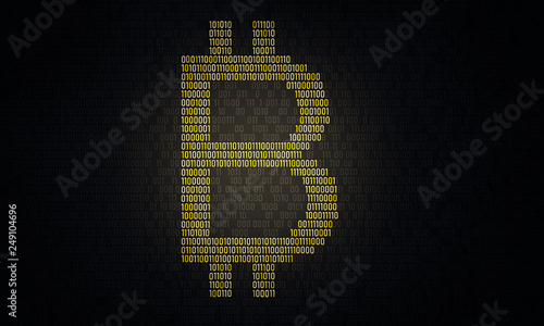 Bitcoin symbol. 3D Illustration of gold Bitcoin logo on the dark digital background with a stream of binary matrix code on the screen numbers of the computer matrix. The concept of coding.