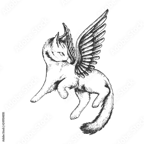 Angel flying kitten engraving vector illustration. Scratch board style imitation. Black and white hand drawn image.