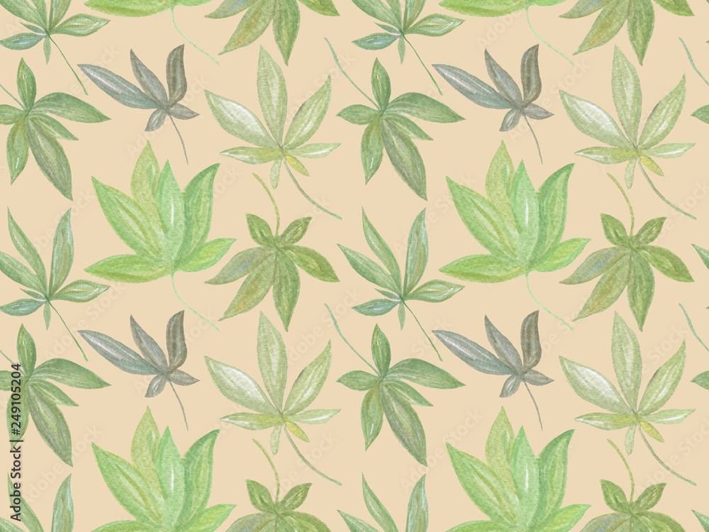 Fototapeta premium Green leaves seamless pattern on the pink background, handdrawn watercolor illustration