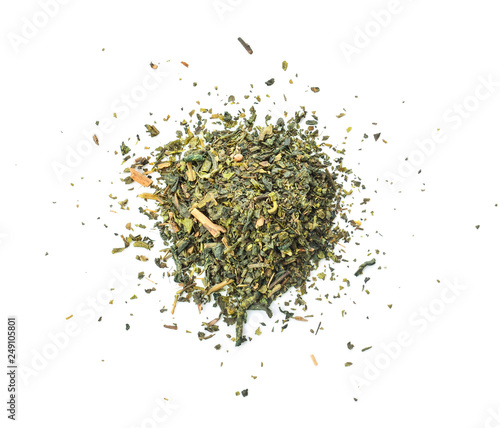 Dry green tea on white background.