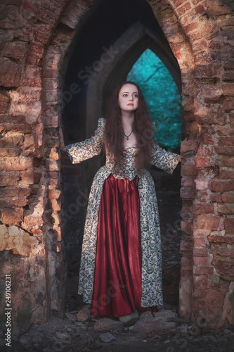 Beautiful girl in long medieval dress in old abandoned castle © darkbird