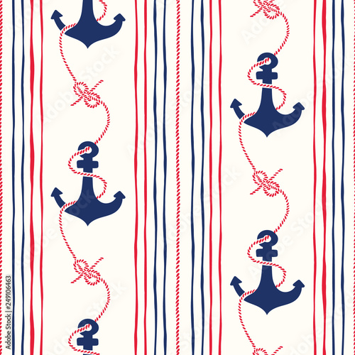 Hand-Drawn Rope Vertical Stripes with Anchors and Zeppelin Bend Nautical Knots Vector Seamless Pattern