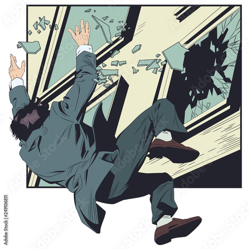 Businessman falls from building window. Stock illustration.