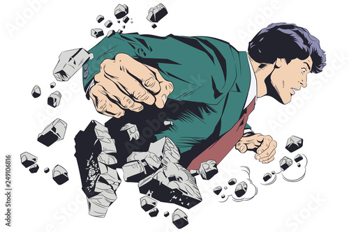 Businessman breaking wall. Business breakthrough. Stock illustration.