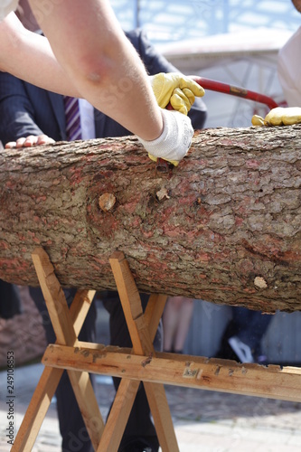 female carpenter cutting wooden plank with saw photo