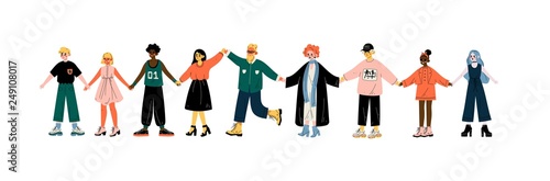 Multicultural People Standing in Row Together Holding Hands, Friendship, Tolerance Vector Illustration
