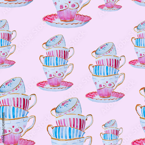 Watercolor hand drawn tea cups