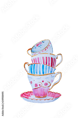 Watercolor hand drawn tea cups