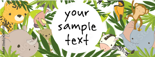 Wild animals hiding in the jungles. Cute hand drawn vector illustration. Minimalistic kid style facebook cover template. For your company presentation, promotion or other purposes.