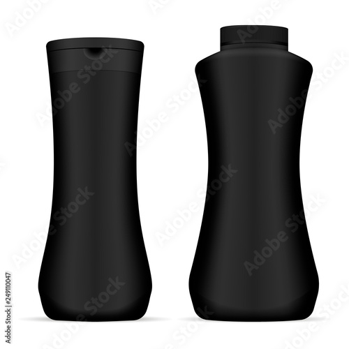Black Shampoo Bottles Pack. Modern Shape Container. Realistic Plastic Package for Gel, Conditioner, Cream and other Bathroom Product. Luxury 3d isolated Template.