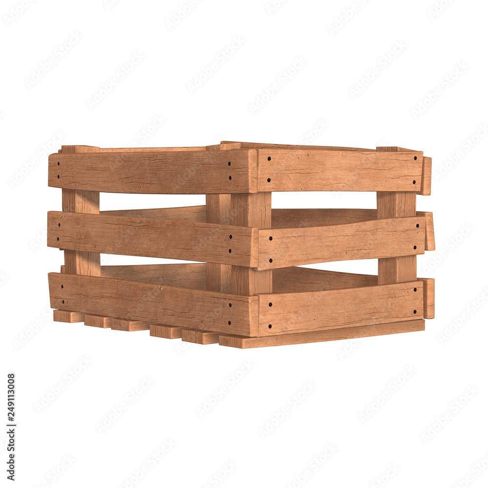 Wooden box for transportation and storage of products. Empty crate for fruits and vegetables. 3d render isolated on white background.