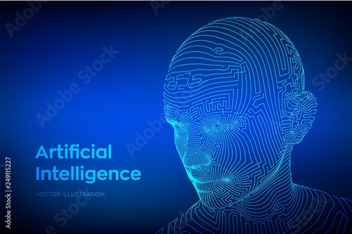 AI. Artificial intelligence concept. Ai digital brain. Abstract digital human face. Human head in robot digital computer interpretation. Robotics concept. Wireframe head concept. Vector illustration.