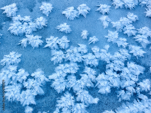 Beautiful ice with flowers from ice and snow of a blue shade.