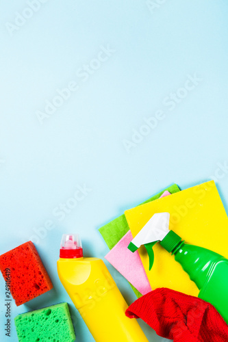 Cleaning product, household on white top view.