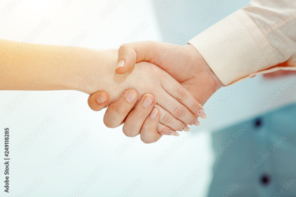 Handshake. Boss approving and congratulating young successful employee of the company for her success and good work. National Employee Appreciation Day concept.