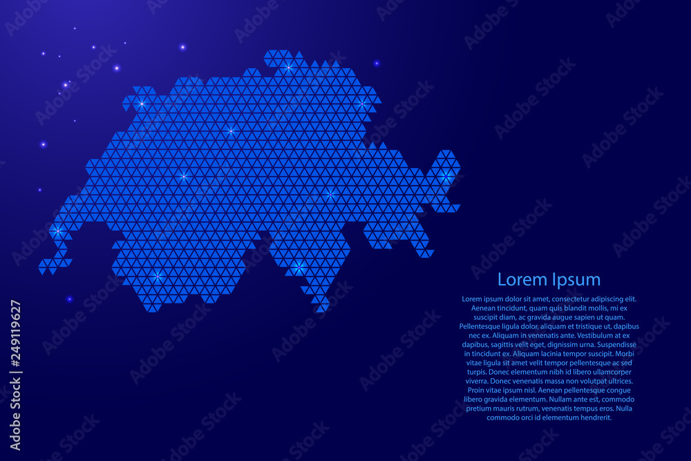 Switzerland map abstract schematic from blue triangles repeating pattern geometric background with nodes and space stars for banner, poster, greeting card. Vector illustration.
