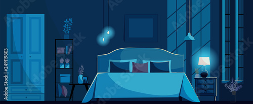 Dark blue Bedroom interior with a bed, nightstand, shelf, wardrobe, lighting bedside lamp and windows. Moon light on ter wall. Bedroom at night without people.Flat cartoon style vector illustration.