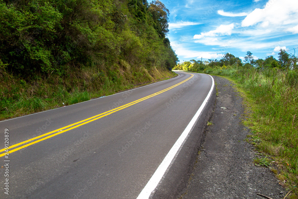 New asphalt road with forest on the sides and blue sky with few clouds, Urubici, Santa Catatarina New asphalt road with forest on the sides and blue sky with few clouds, Urubici, Santa Catatarina