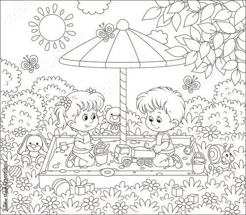 Small children playing in a sandbox on a playground in a park on a sunny summer day, black and white vector illustration in a cartoon style for a coloring book