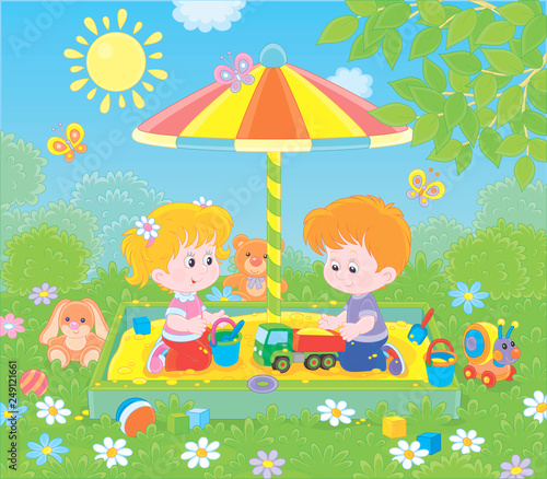 Small children playing in a sandbox on a playground in a park on a sunny summer day, vector illustration in a cartoon style