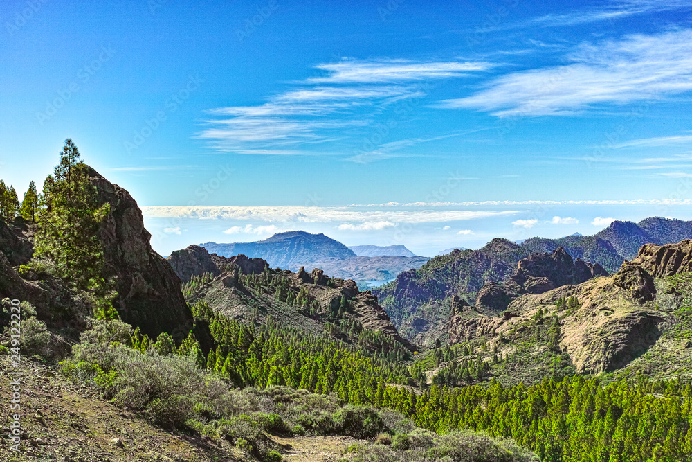 Gran Canaria island mountains landscape, view from peak Roque Nublo to Mount Teide on Tenerife