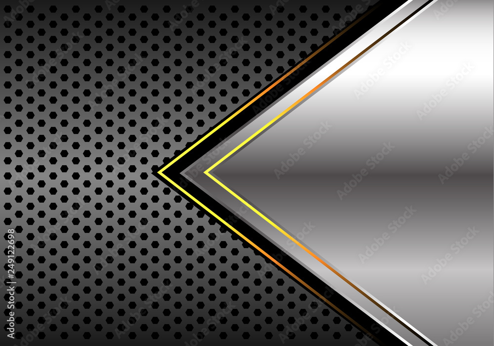 Abstract silver yellow light arrow direction on dark grey metallic circle mesh design modern futuristic background vector illustration. Abstract silver yellow light arrow direction on dark grey metallic circle mesh design modern futuristic background vector illustration.