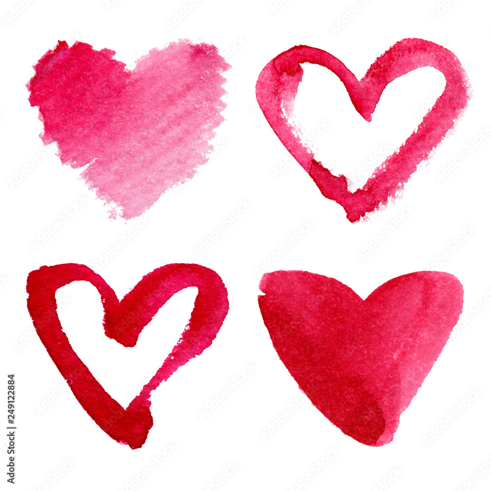 Set of hand-drawn watercolor hearts isolated on white background Set of hand-drawn watercolor hearts isolated on white background