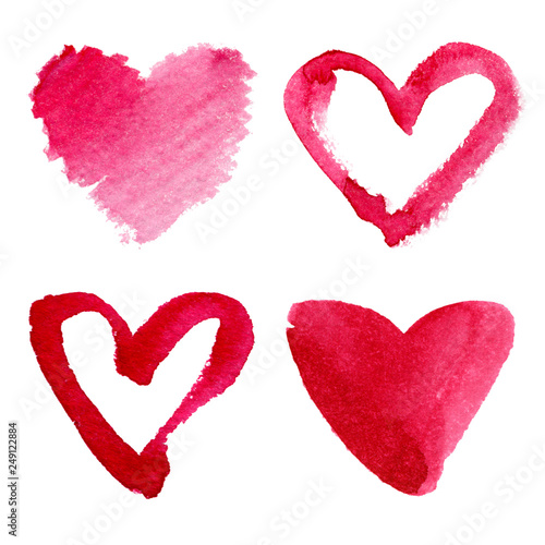 Set of hand-drawn watercolor hearts isolated on white background