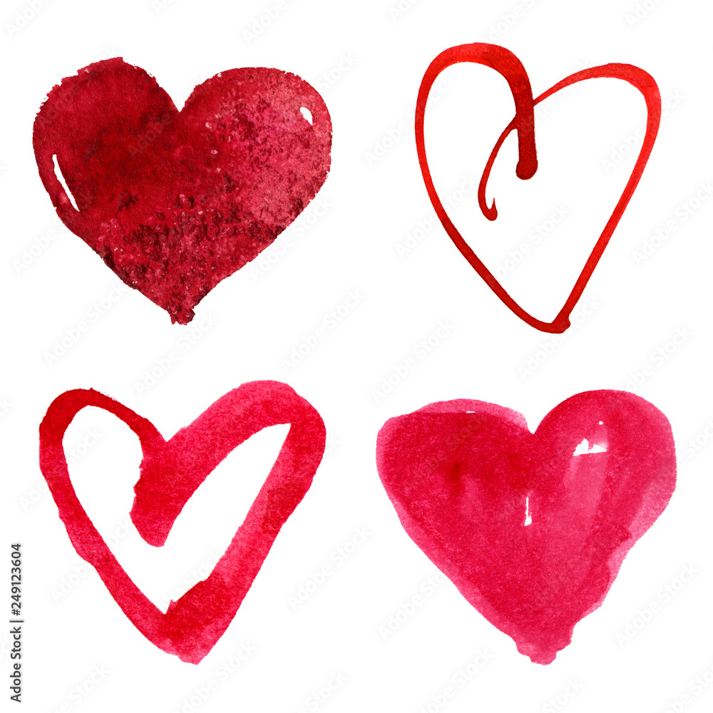 Set of hand-drawn watercolor hearts isolated on white background