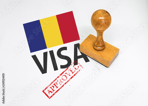 Romania Visa Approved with Rubber Stamp and flag