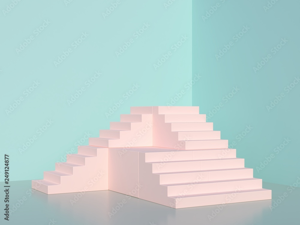 Scene with geometrical shapes in pastel pink colors. Pink stairs and pink podium in a corner. Minimal blue background. Trendy colorful space. 3d render. Scene with geometrical shapes in pastel pink colors. Pink stairs and pink podium in a corner. Minimal blue background. Trendy colorful space. 3d render.