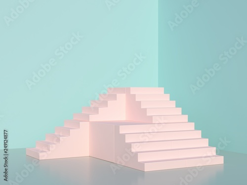 Scene with geometrical shapes in pastel pink colors. Pink stairs and pink podium in a corner. Minimal blue background. Trendy colorful space. 3d render.