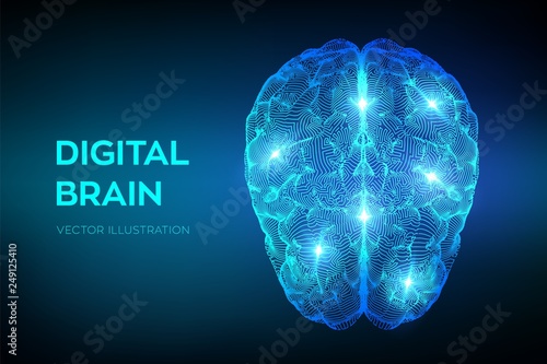 Brain. Digital brain. 3D Science and Technology concept. Neural network. IQ testing, artificial intelligence virtual emulation science technology. Brainstorm think idea. Vector illustration.