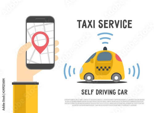 Autonomous self-driving automobile. Hand holding smartphone with application for taxi service with map and geo pin. Sensors smart car. Driverless vehicle vector illustration.