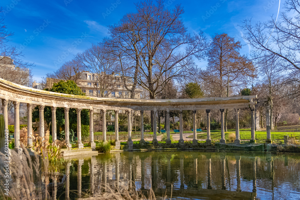 Paris, in the beautiful parc Monceau, ancient columns, ruin of an old church
