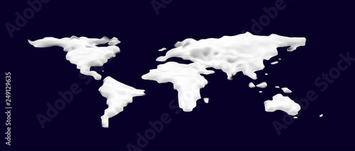 3d Snow world map. Cosmetic foam or cream or slime in the shape of a world map. illustration on dark blue background