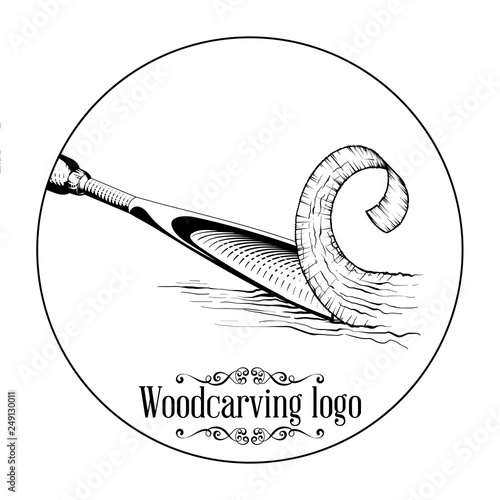 Woodcarving logotype Illustration with a chisel, cutting a wood slice, vintage style logo, black and white isolated engraving