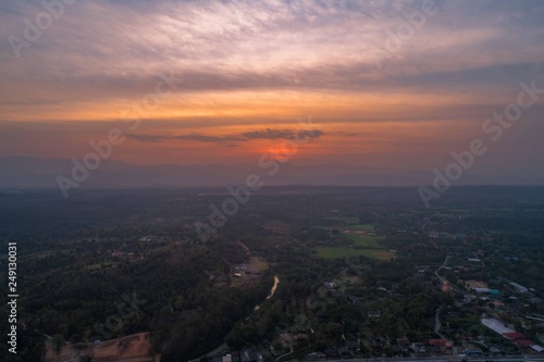 Sunset view from Drone, Thailand rural valley on the field.