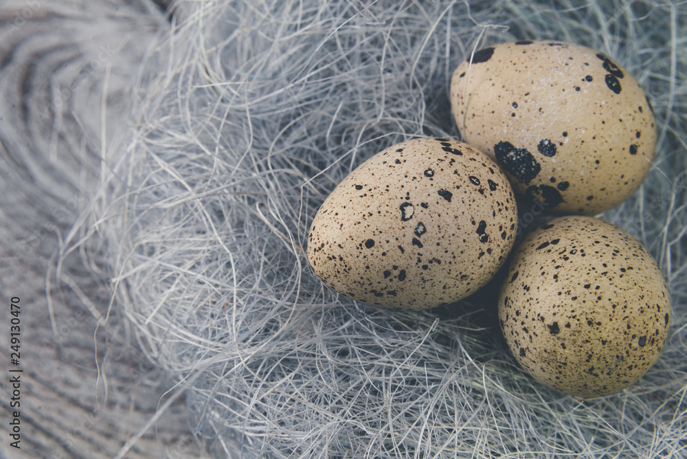 Easter decoration. Quail eggs in a nest on a wooden background