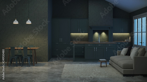 Modern interior of a country house. Interior with dark green kitchen and green brick walls. Night. Evening lighting. 3D rendering.