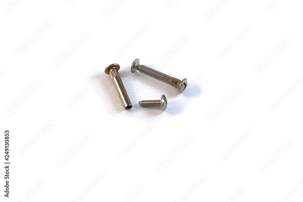 Fittings for furniture, screws and mounts, isolated on white background Fittings for furniture, screws and mounts, isolated on white background